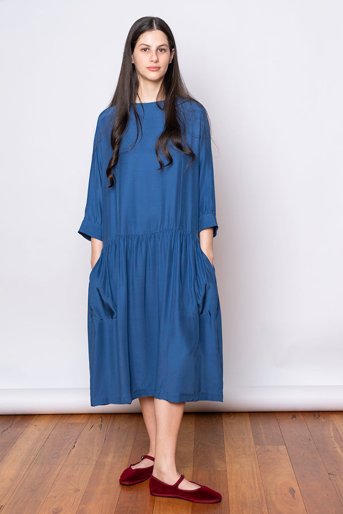 Organic Silk Drop Waist Dress - Indigo