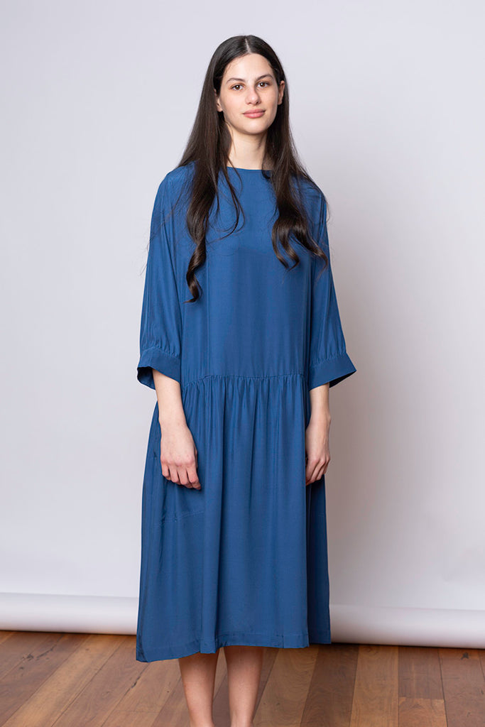 Organic Silk Drop Waist Dress - Indigo