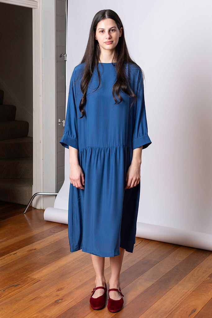 Organic Silk Drop Waist Dress - Indigo