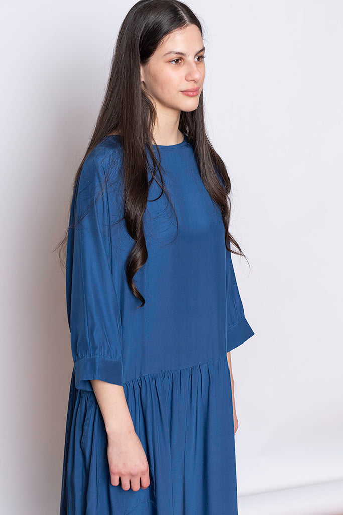 Organic Silk Drop Waist Dress - Indigo