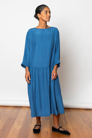 Organic Silk Drop Waist Dress - Indigo