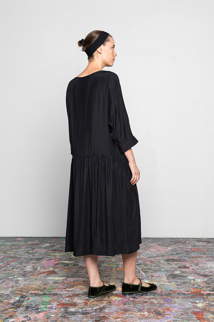 Organic Silk Drop Waist Dress - Black