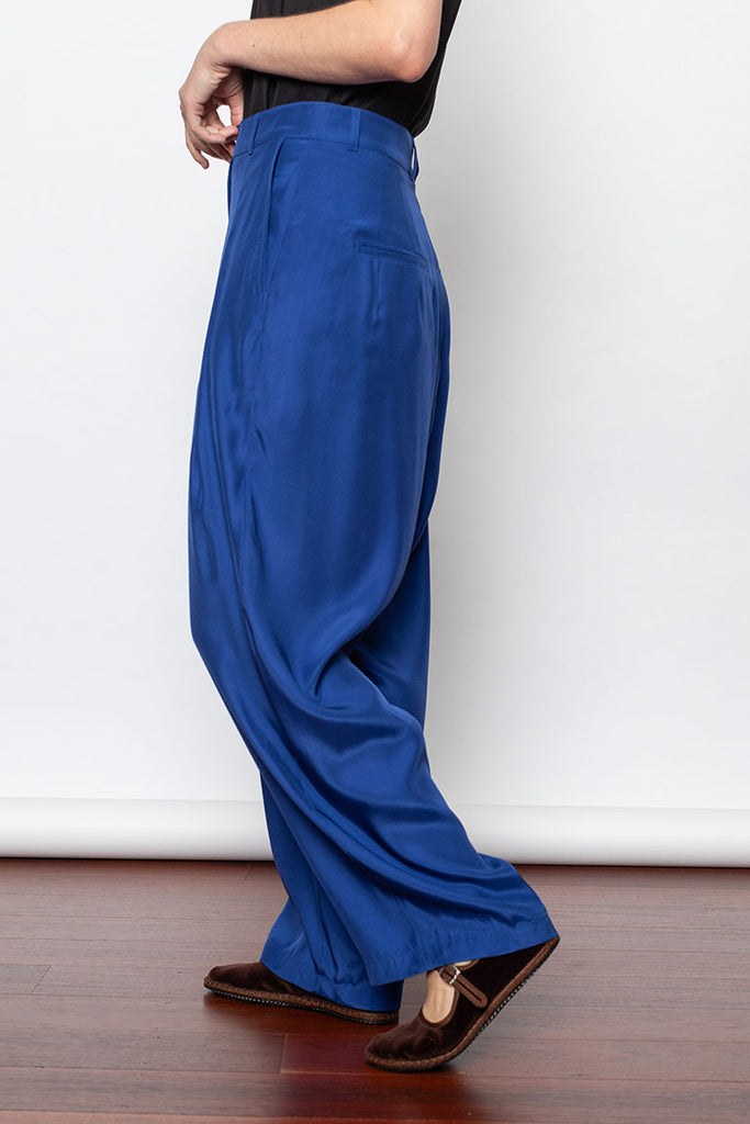 Organic Silk Pleated Pant - Cobalt