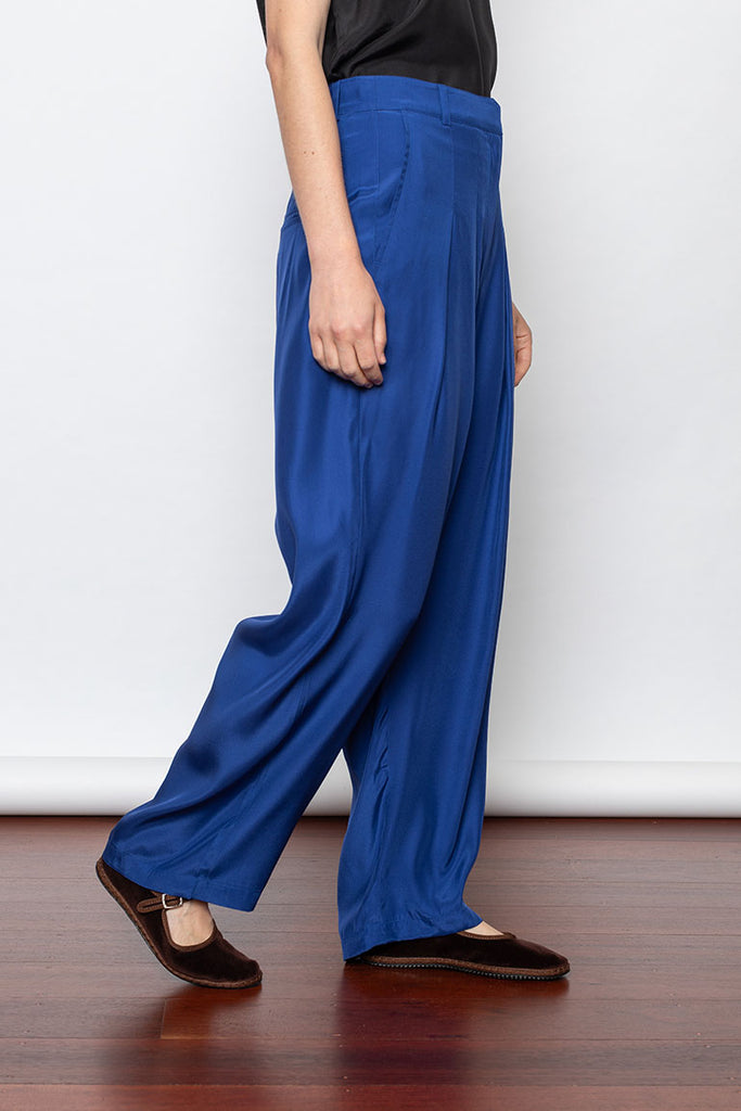 Organic Silk Pleated Pant - Cobalt