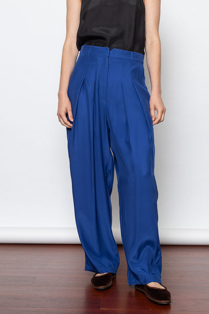 Organic Silk Pleated Pant - Cobalt