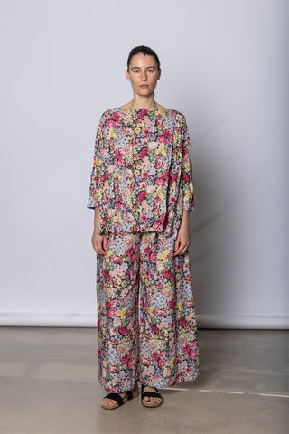 Pantalone Trousers Pigiama Tasche Lavato - Fiori Rosa D
