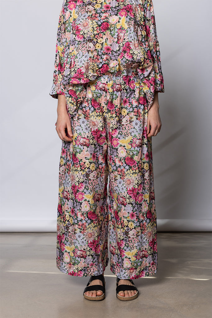Pantalone Trousers Pigiama Tasche Lavato - Fiori Rosa D
