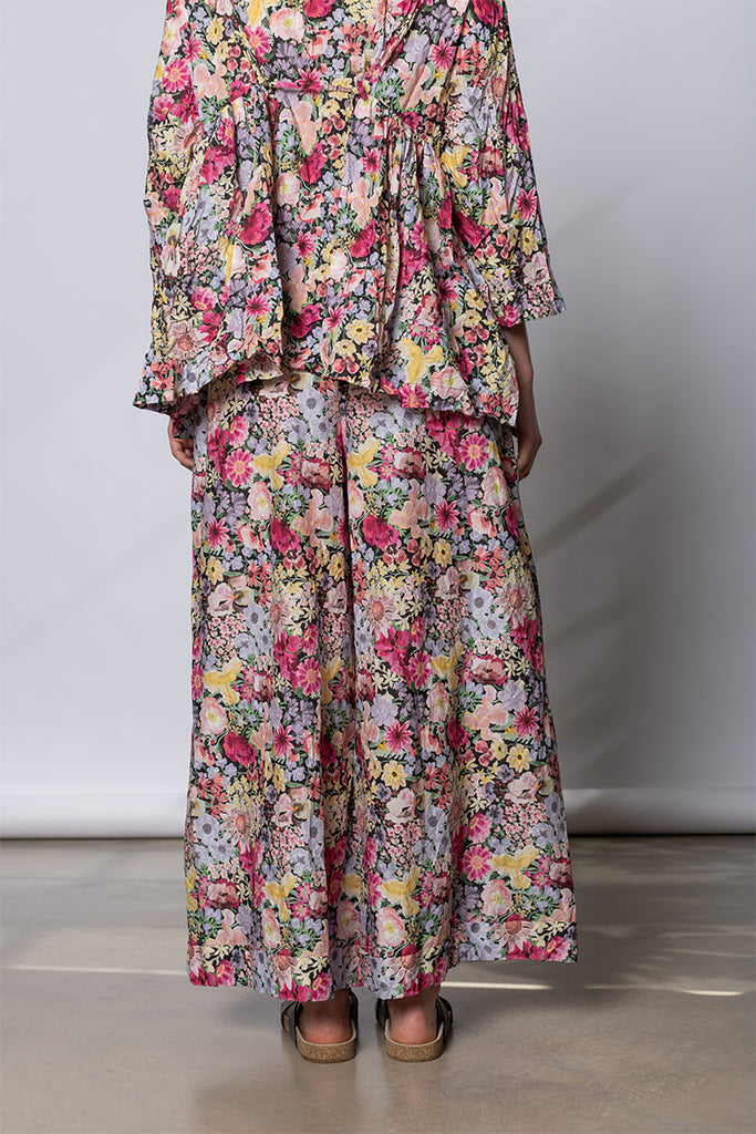 Pantalone Trousers Pigiama Tasche Lavato - Fiori Rosa D