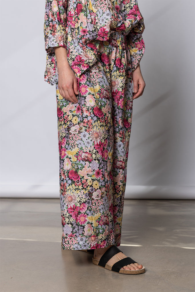 Pantalone Trousers Pigiama Tasche Lavato - Fiori Rosa D