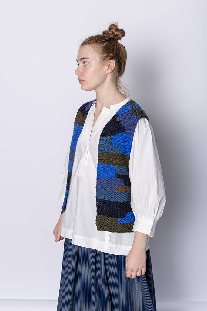 Patchwork Knitted Wool Gilet - Blue Multi