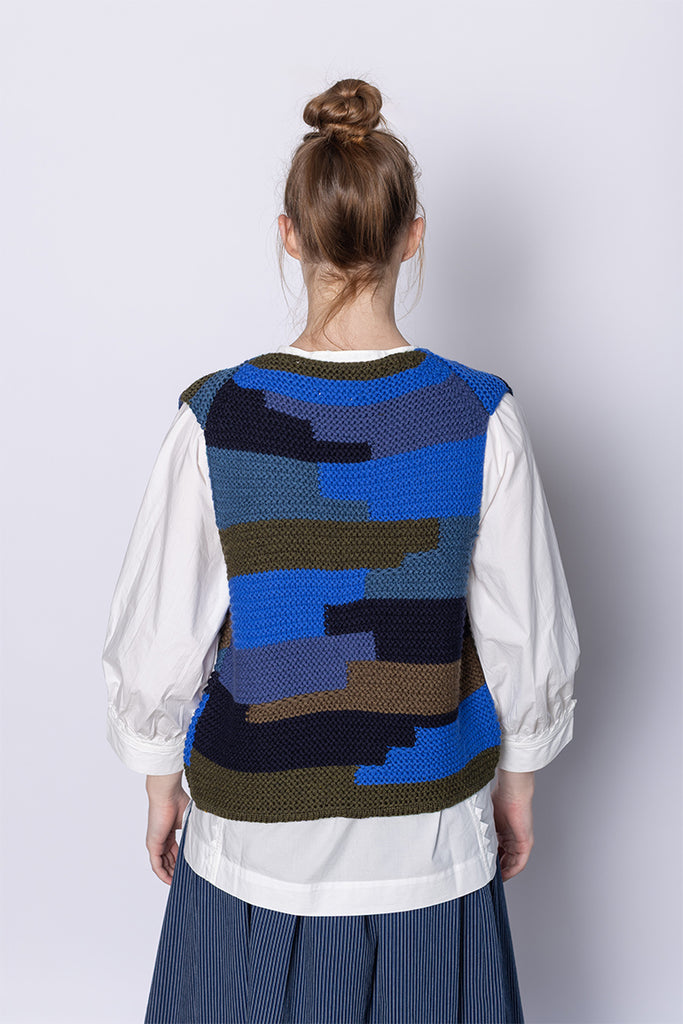 Patchwork Knitted Wool Gilet - Blue Multi