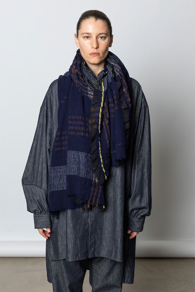 Plaid Frill Scarf - Navy