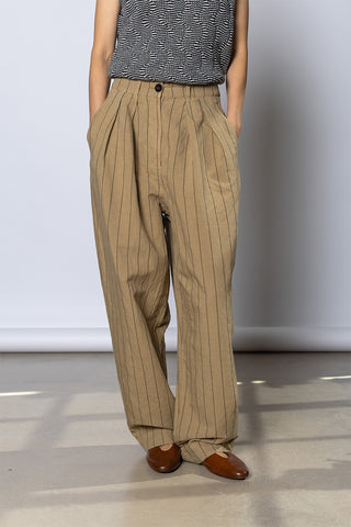 Pleat Front Stripe Cotton Linen Trousers - Fennel Seed