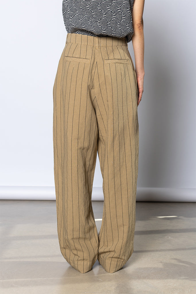 Pleat Front Stripe Cotton Linen Trousers - Fennel Seed
