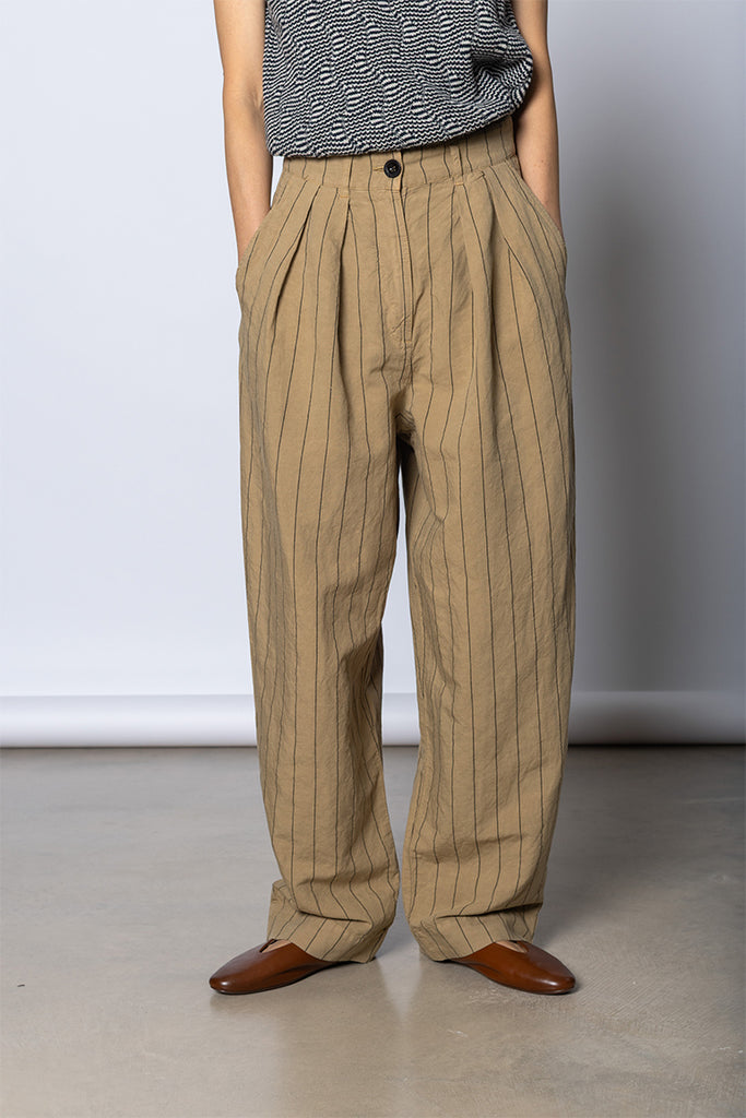 Pleat Front Stripe Cotton Linen Trousers - Fennel Seed