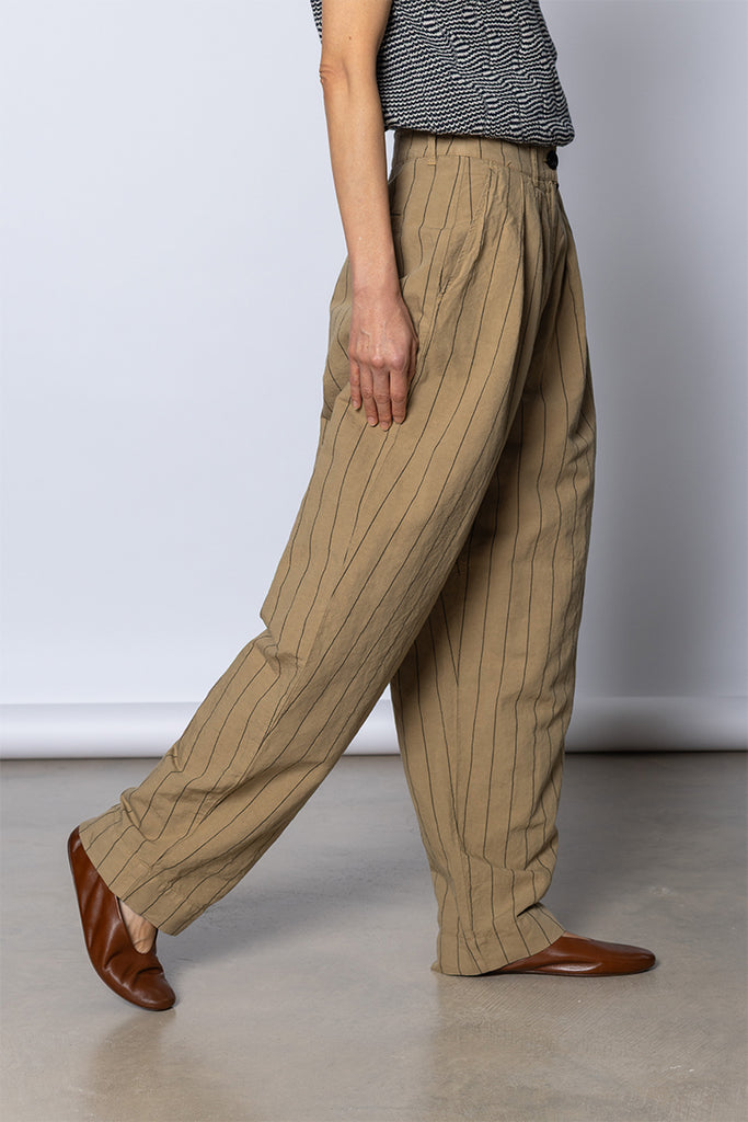 Pleat Front Stripe Cotton Linen Trousers - Fennel Seed