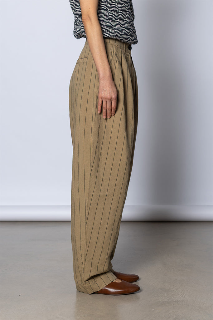 Pleat Front Stripe Cotton Linen Trousers - Fennel Seed