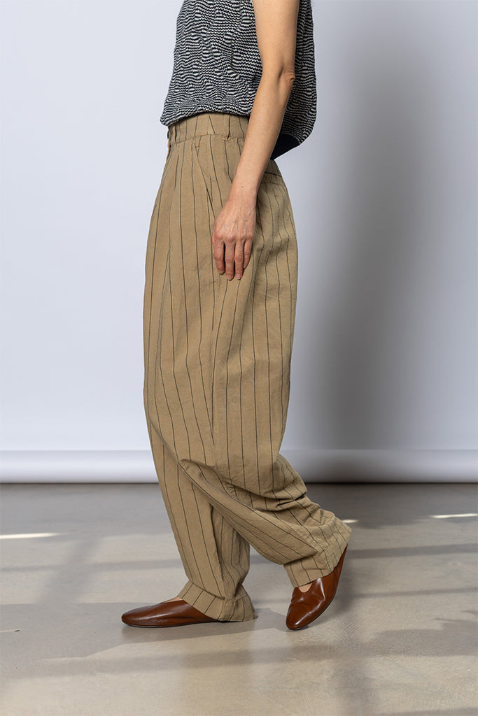 Pleat Front Stripe Cotton Linen Trousers - Fennel Seed