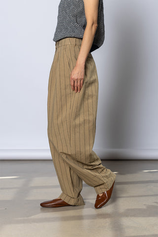 Pleat Front Stripe Cotton Linen Trousers - Fennel Seed