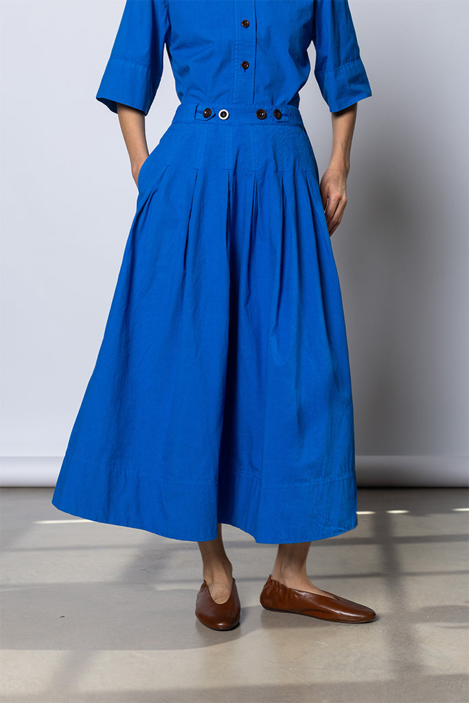 Pleated Cotton Linen Poplin Skirt - Enamel Blue