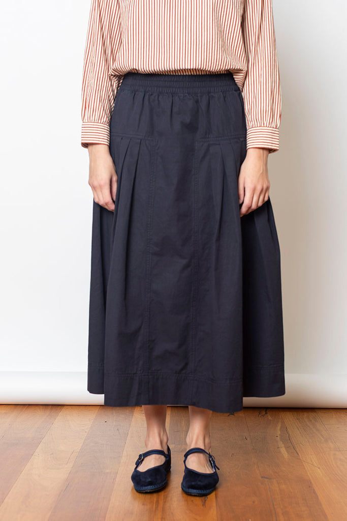 Pleated Cotton Skirt - Navy