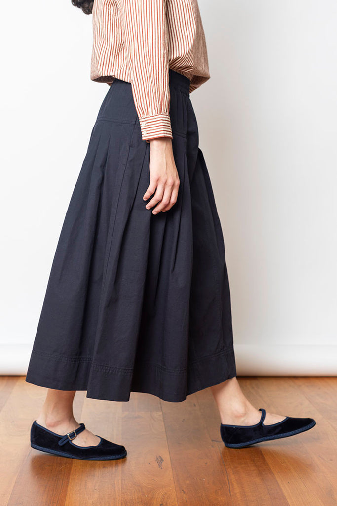 Pleated Cotton Skirt - Navy