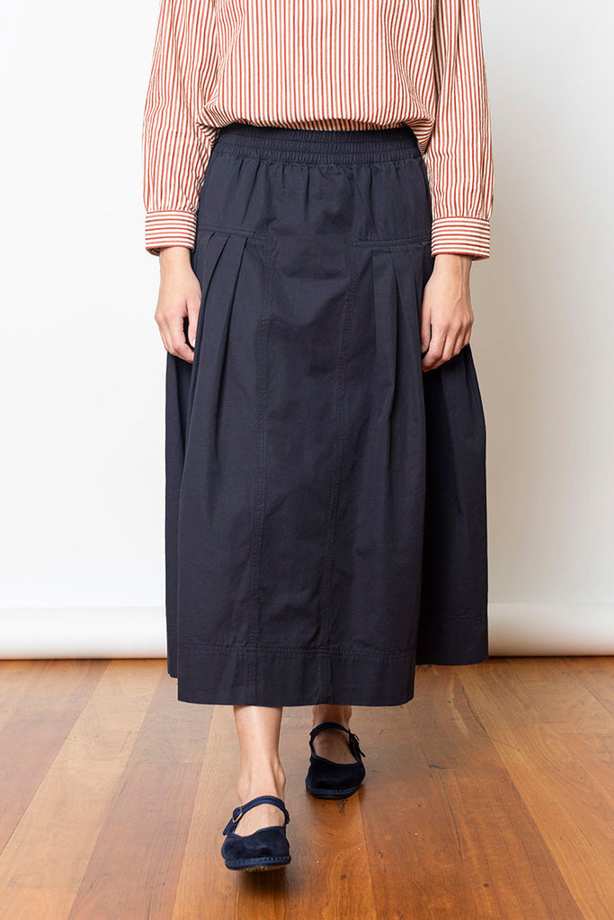 Pleated Cotton Skirt - Navy