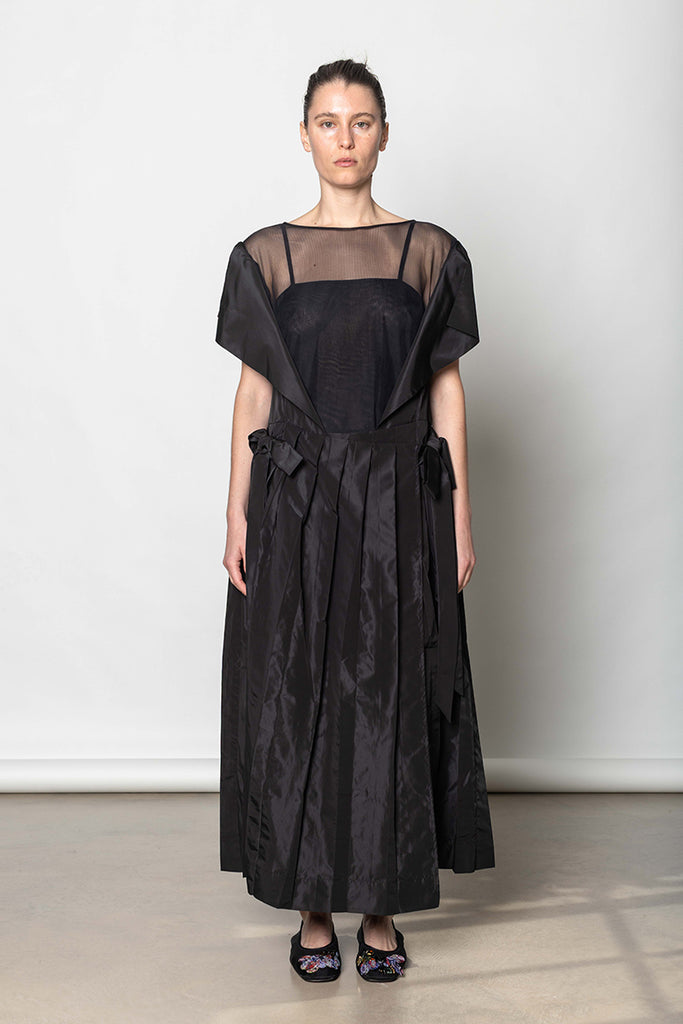 Pleated Sheer Panel Flare Dress - Black