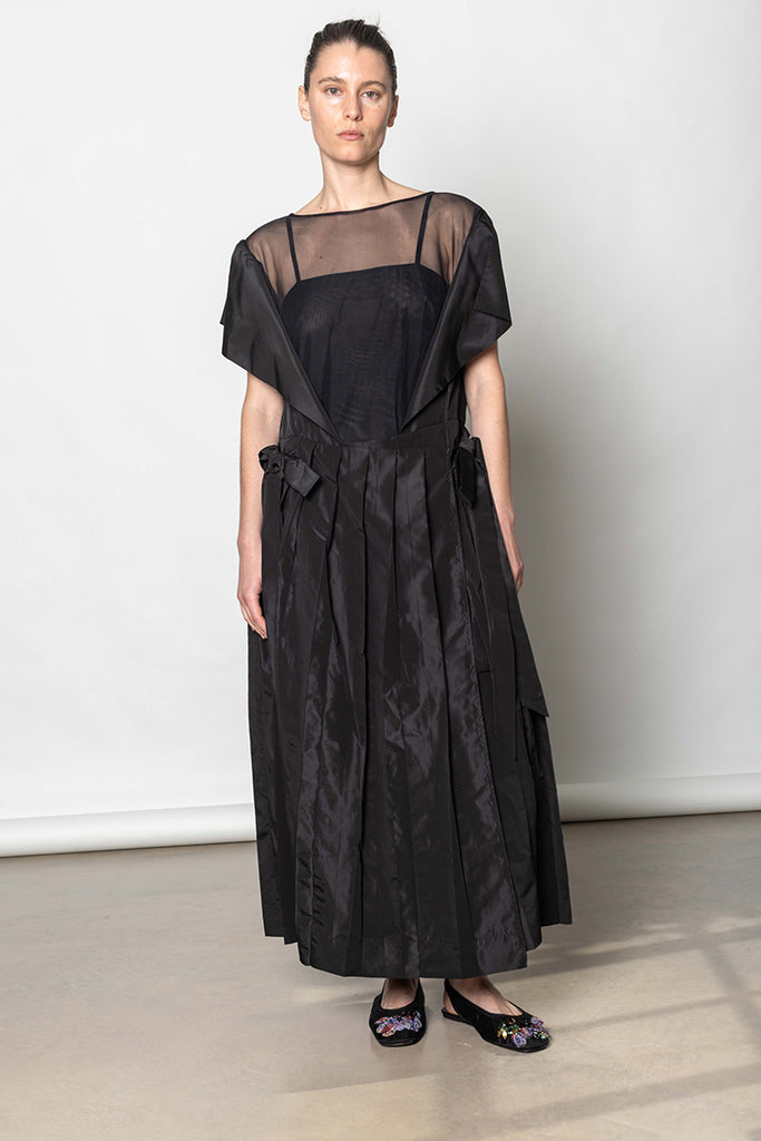 Pleated Sheer Panel Flare Dress - Black