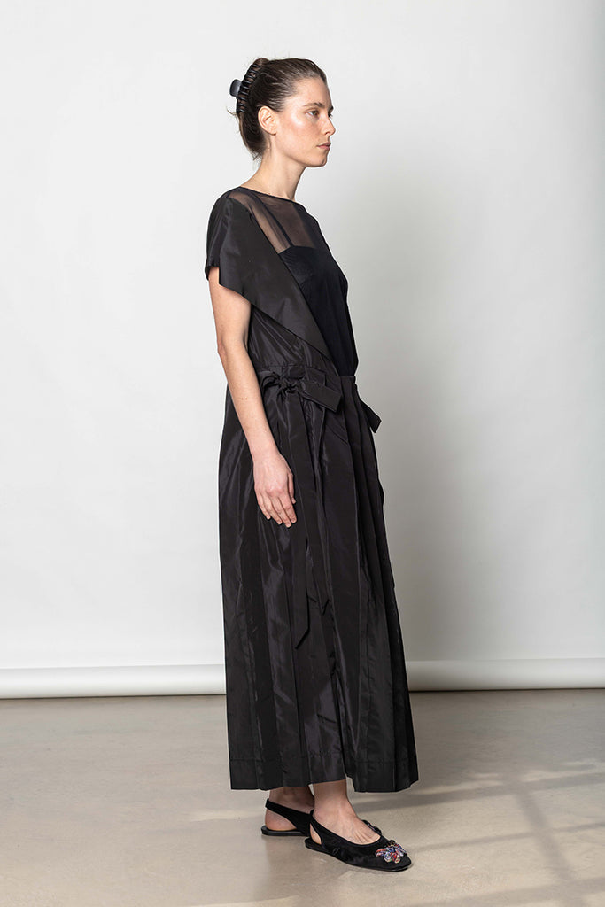 Pleated Sheer Panel Flare Dress - Black