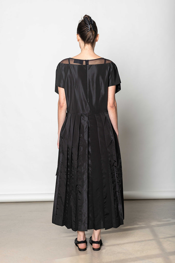 Pleated Sheer Panel Flare Dress - Black