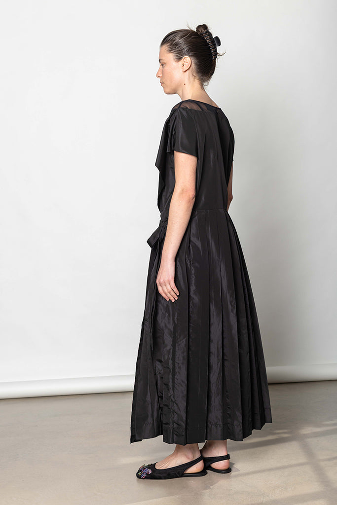 Pleated Sheer Panel Flare Dress - Black