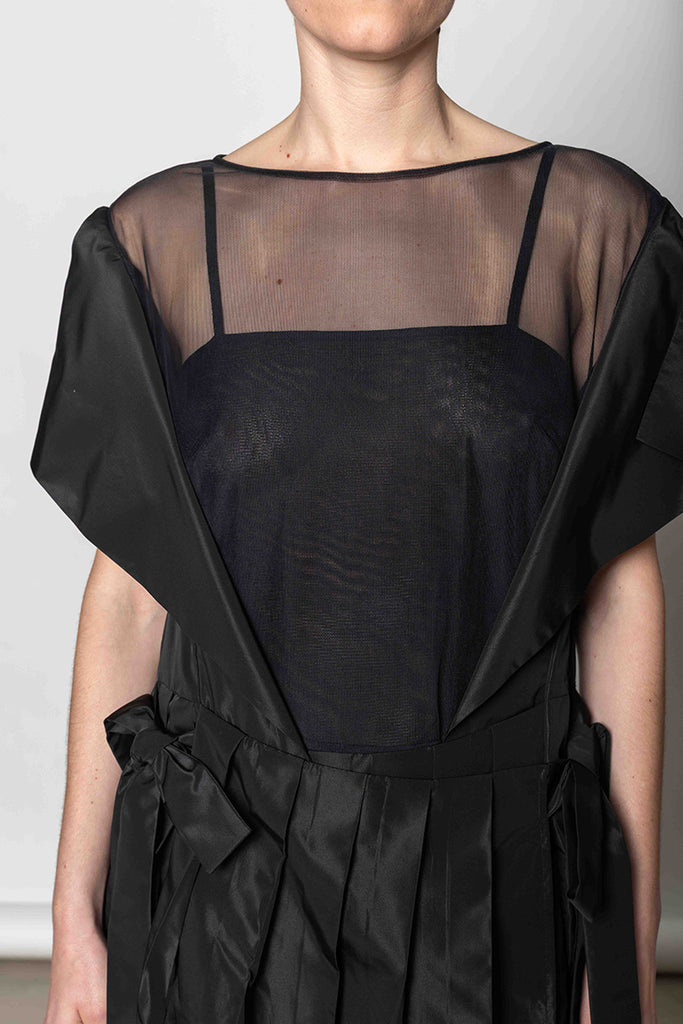 Pleated Sheer Panel Flare Dress - Black