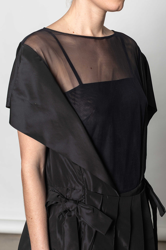 Pleated Sheer Panel Flare Dress - Black