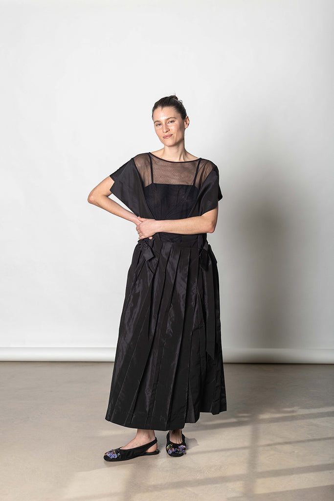 Pleated Sheer Panel Flare Dress - Black