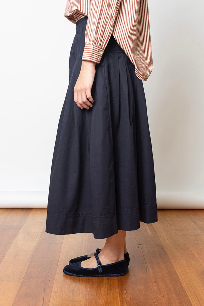 Pleated Cotton Skirt - Navy