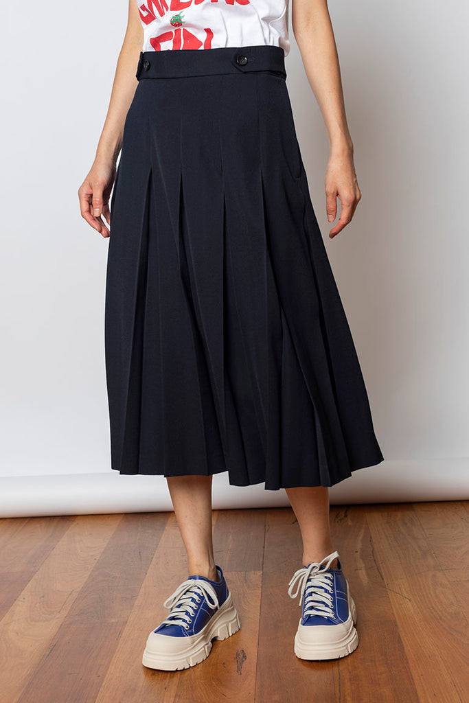 Pleated Wool Skirt With Button Tabs- Navy