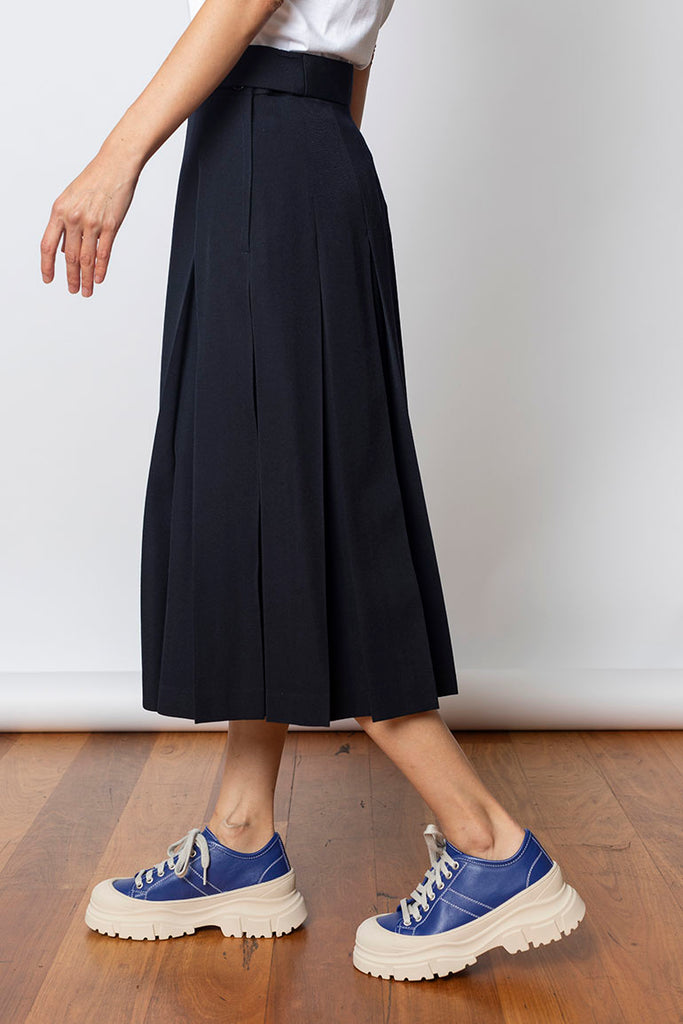 Pleated Wool Skirt With Button Tabs- Navy