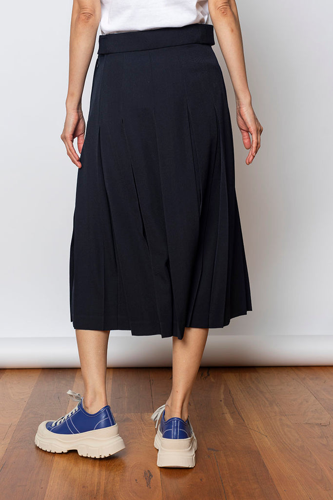 Pleated Wool Skirt With Button Tabs- Navy