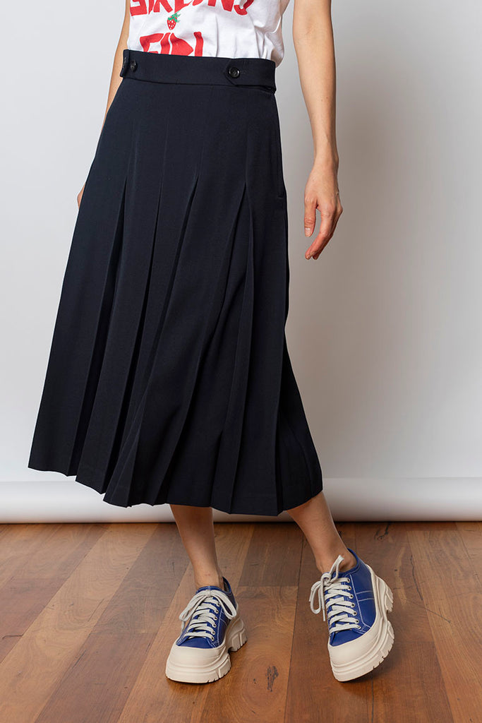 Pleated Wool Skirt With Button Tabs- Navy