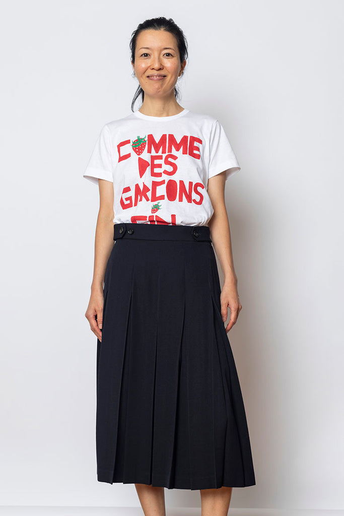 Pleated Wool Skirt With Button Tabs- Navy