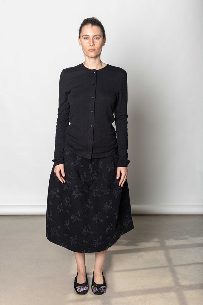 Pointelle Cardigan With Daisy - Black/Pearl