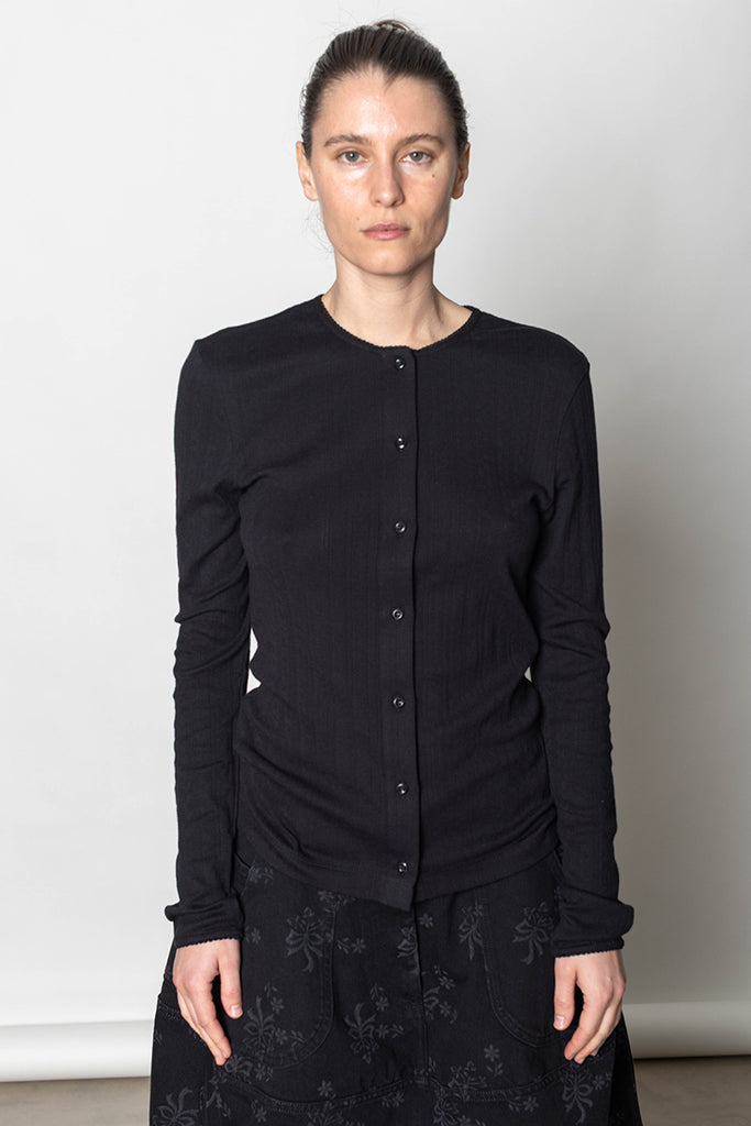 Pointelle Cardigan With Daisy - Black/Pearl