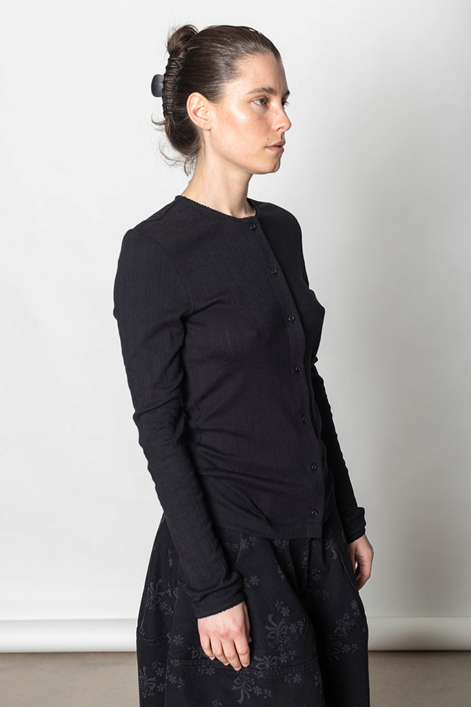 Pointelle Cardigan With Daisy - Black/Pearl