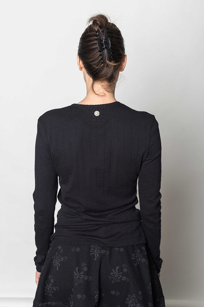 Pointelle Cardigan With Daisy - Black/Pearl