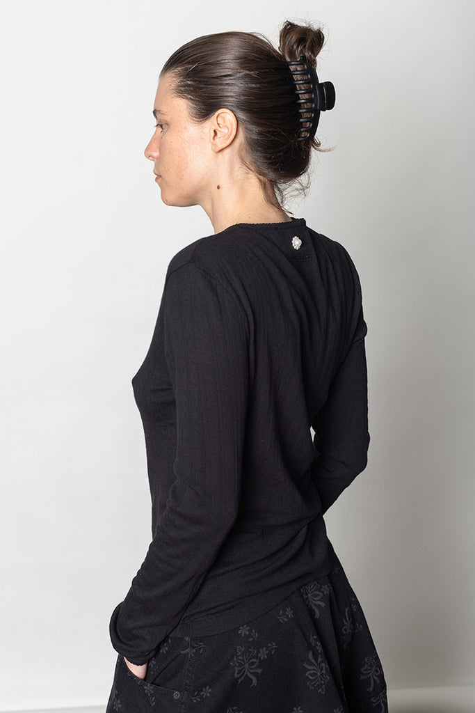 Pointelle Cardigan With Daisy - Black/Pearl