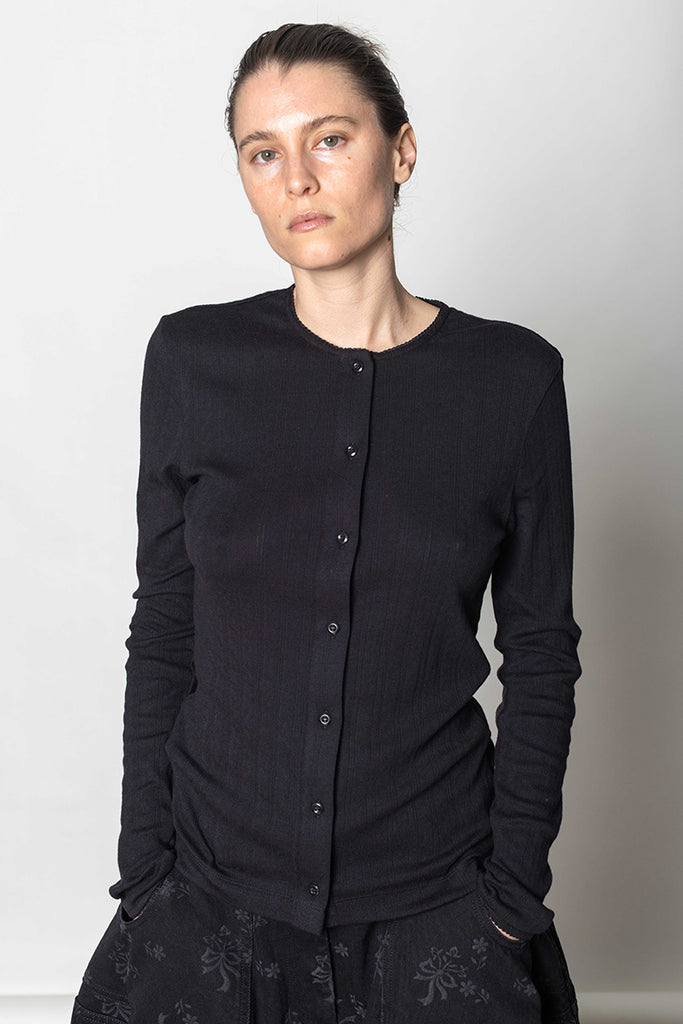 Pointelle Cardigan With Daisy - Black/Pearl