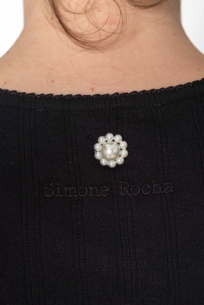 Pointelle Cardigan With Daisy - Black/Pearl