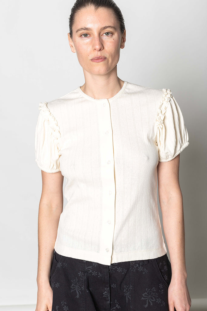 Pointelle Puff Sleeve Cardigan - Ecru/Pearl