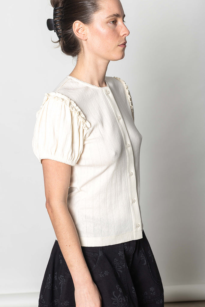 Pointelle Puff Sleeve Cardigan - Ecru/Pearl